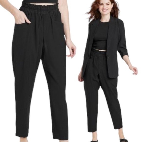 A New Day Black High Rise Paper bag Flowy Ankle Tapered Pants Size Large NEW - Picture 1 of 4